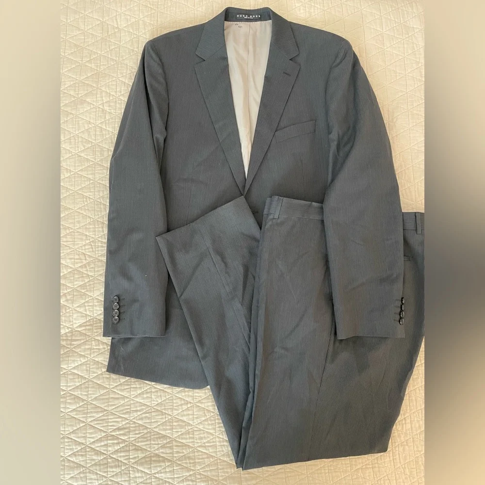 HUGO BOSS Pasolini/Movie Subtle‎ Narrow Stripe Wool Suit in Charcoal Size 44 L